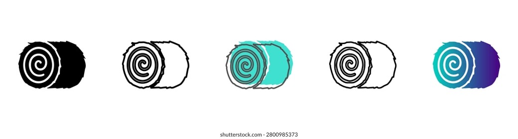 A set of five distinct icons depicting a rolled hay bale, each rendered in a unique graphic style from solid black to colorful gradients