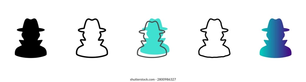A set of five distinct icons, each depicting a shadowy individual wearing a fedora and a collared coat, symbolizing anonymity and intrigue