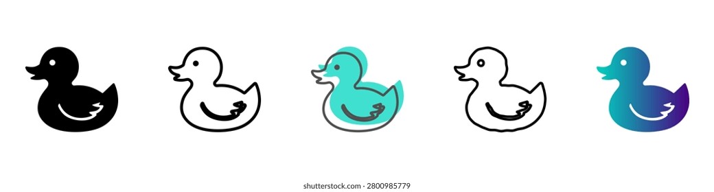 A set of five distinct rubber duck illustrations, showcasing different artistic styles from solid silhouettes to line art and gradients