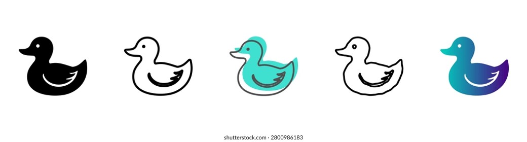 A set of five distinct rubber duck illustrations, showcasing different artistic styles from solid silhouettes to gradient fills and line art