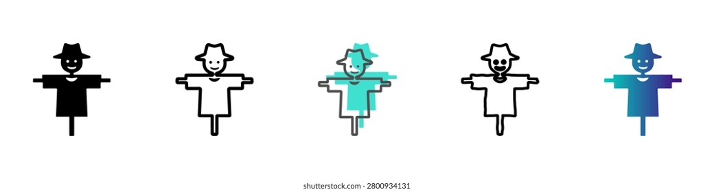 A set of five distinct scarecrow graphic representations, including solid black, outline, and gradient fills, showcasing different artistic interpretations