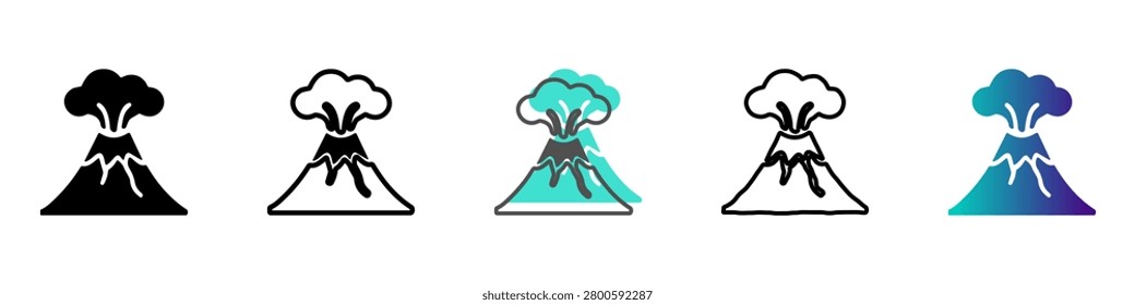 A set of five distinct volcano illustrations, each depicting an active eruption with smoke and ash billowing from the summit