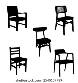 A set of five diverse chair silhouettes in black and white, showcasing various design styles. Ideal for design inspiration, minimalistic art, and furniture concepts.