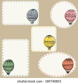 set of five doodle air balloons tags, stickers, cards, isolated design objects with empty space for your text or signs, colorful childish elements