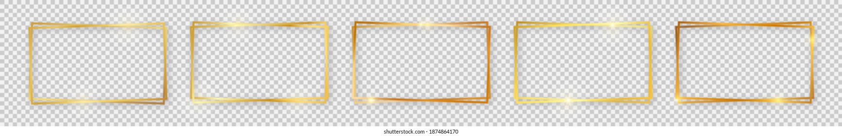 Set of five double gold shiny rectangular frames with glowing effects and shadows on transparent background. Vector illustration