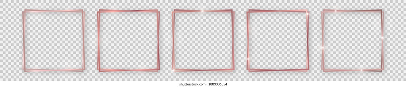 Set of five double rose gold shiny square frames with glowing effects and shadows on transparent background. Vector illustration