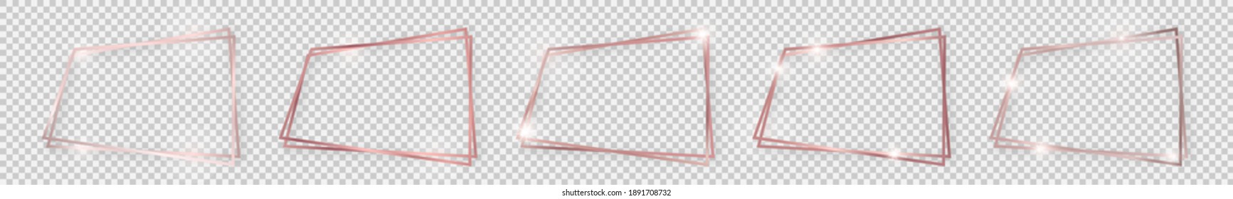 Set of five double rose gold shiny rectangular frames with glowing effects and shadows on transparent background. Vector illustration