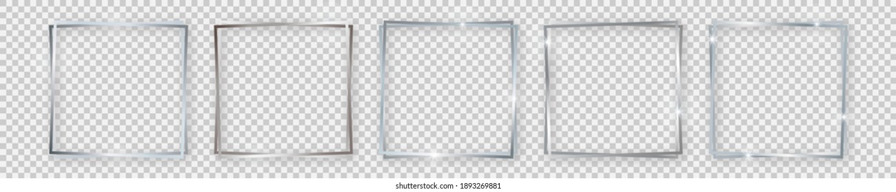 Set of five double silver shiny square frames with glowing effects and shadows on transparent background. Vector illustration