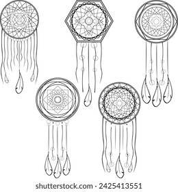 Set of five dream catchers. Collection of Indian totem with feathers. Hippie decoration. Amulet for protection. The vector graphic illustration is in black.