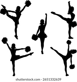 Set of five dynamic cheerleader silhouettes.