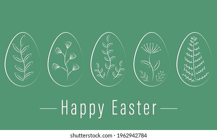 Set of five eggs with floral decor on a green background. Easter card. Minimal style. Linear art. Vector illustration