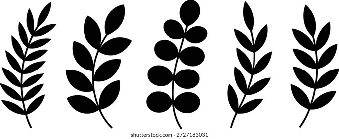 Conjunto de cinco elegantes siluetas minimalistas negras de hojas y ramas de plantas en estilos variados, ideales para diseños naturales o botánicos.