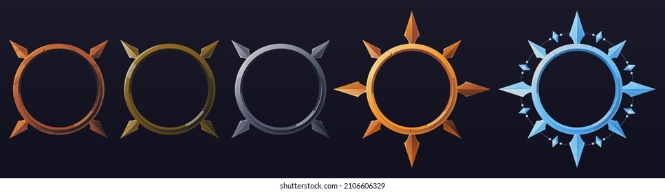 Set of five elements with round frames for game design. Character rank. Templates for mobile, client and browser applications. Volumetric vector colorful objects for stylization.