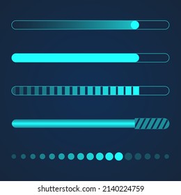 A set of five elements for user interface design. Icons for game design, business. Vector illustration with various lines, circles, stripes. Blue futuristic loading bar.