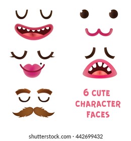 Set of five emotions, vector cartoon style illustrations with face  parts. Sad, cute, happy, calm and flirty visages