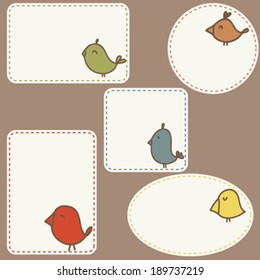 set of five empty tags with doodle cute birds, colorful childish design objects with empty space for your text here, isolated elements