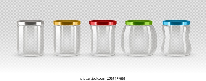 Set of five empty transparent glass jars with colorful metal lids in silver, gold, red, green, and blue, isolated on a checkered background. Various bottle shapes for packaging and storage.