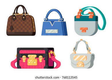 Set of five fashion women bags of different colors and sizes, vector, flat style illustration isolated on white background and ready to use in your design, collection of famous glamour lady handbags.