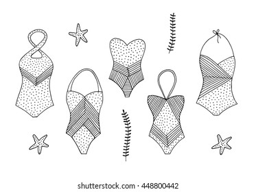 Set of five fashionable beachwear - abstract isolated design elements. Swimsuits, swimwear. Hand drawn vector black and white illustrations. Cartoon, doodle. Colouring page for children and adults. 