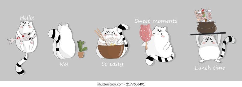 A set of five fat cats in black and white colors, with tasty food in their paws, and various insciption: "Hello, no, so tasty, sweet moments, Lunch time. For branded stickers, drawings on the walls.