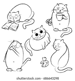Set with five fat cats in vector, black outline 