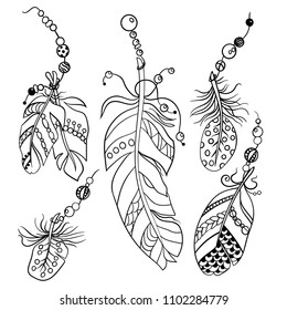 Set of five feathers in tribal american ethnic style in coloring page in vector graphic illustration