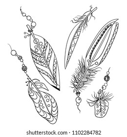 Set of five feathers in tribal american ethnic style in coloring page in vector graphic illustration