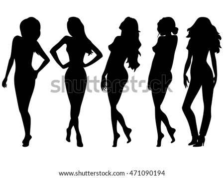 Set of five female black vector silhouettes, hand drawing illustrations isolated on the white background