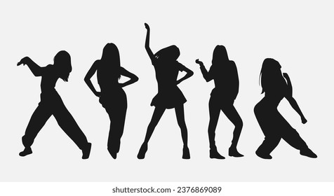 conjunto de cinco siluetas de bailarina. bailarinas callejeras de diferentes estilos, poses, movimientos. ilustración vectorial.