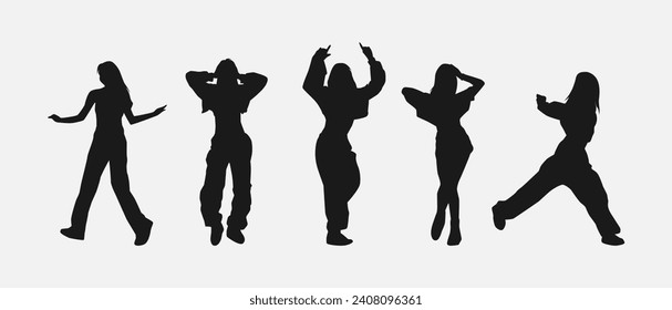 set of five female dancer silhouettes. street dancers with various different styles, poses, movements. vector illustration.