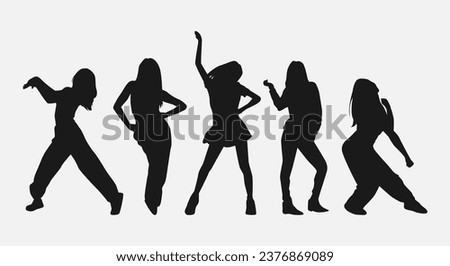 set of five female dancer silhouettes. street dancers with various different styles, poses, movements. vector illustration.