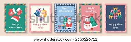 Set of five festive Christmas and New Year greeting cards with Santa, snowman, tree and gifts. Christmas concept. Winter Christmas templates for printing and advertising.