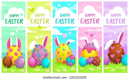 Set of five festive Easter banners. Happy Easter greeting card with decorated eggs on the grass, bunny ears and text on spring background. Cute colorful holiday vector illustrations in cartoon style.