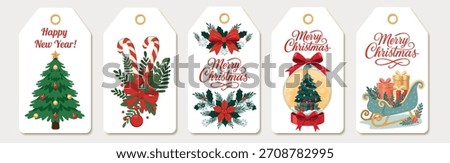 Set of five festive gift tags with Christmas, New Year themes a Christmas tree, candy canes, fir branches, a snow globe, a sleigh with gifts. Vector illustrations for holiday design and gift wrapping