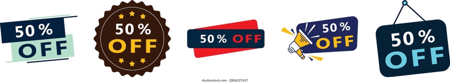 Set of five fifty percent off sale badges