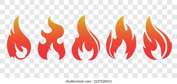 Set of five fire icons for your design. Blazing flame, fire, bonfire vector illustration in flat style