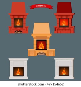The set of five fireplaces. Vector illustration.
