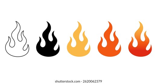 Set of five flame icons showing progression from black outline to colorful gradient fill, ideal for creative design or branding. Vector illustration
