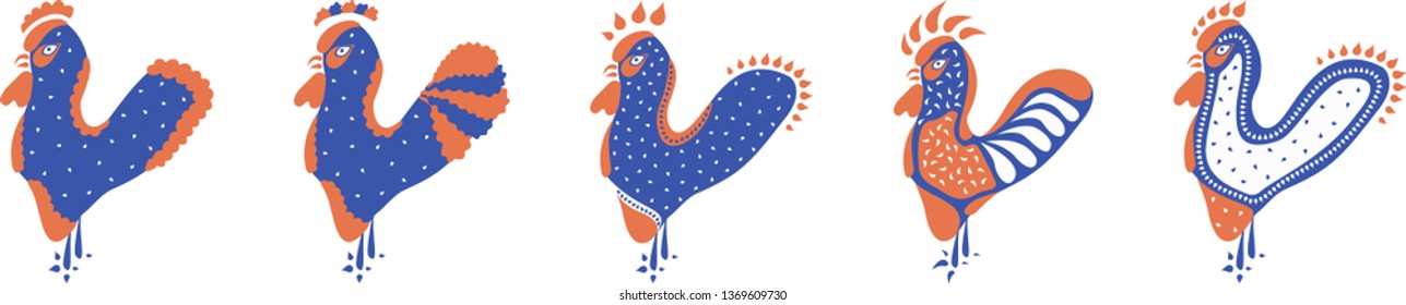 Set of five flat abstract roosters in red, blue and white. Isolated objects. Vector