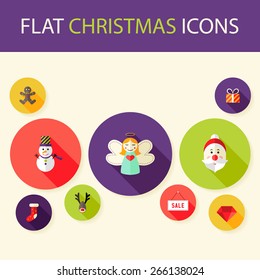 Set of Five Flat Circle Christmas Icons. Flat Stylized Circle Icons with Small Shadows