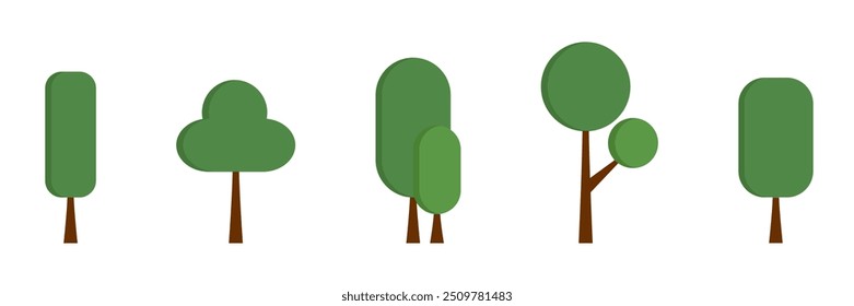 A set of five flat design tree icons with different shapes, featuring green foliage and brown trunks on a white background.