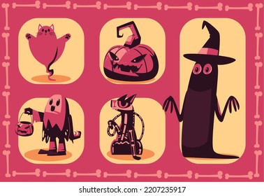 set of five flat halloween characters