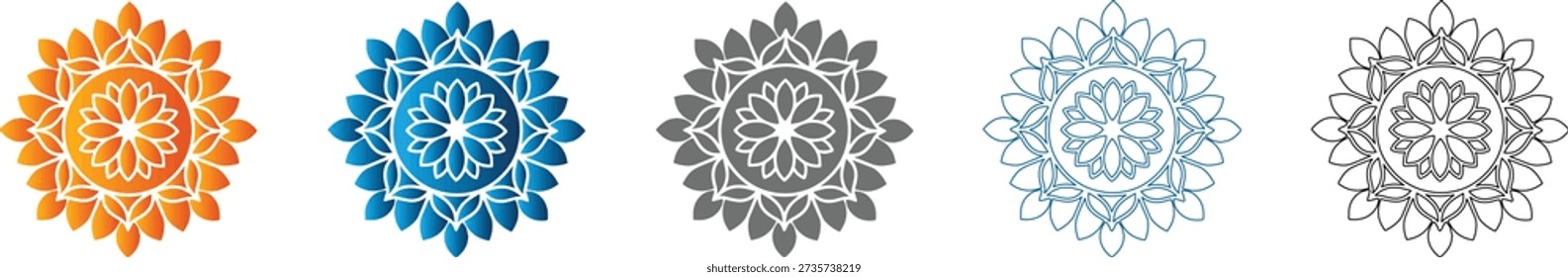 Set of five flat mandala icons in different colors, solid black outline, vector, isolated on white background