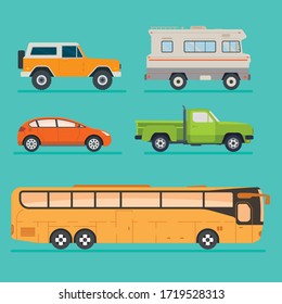 Set of five flat style vehicles : suv, van, pickup, hatchback, bus. Colorful cars collection.