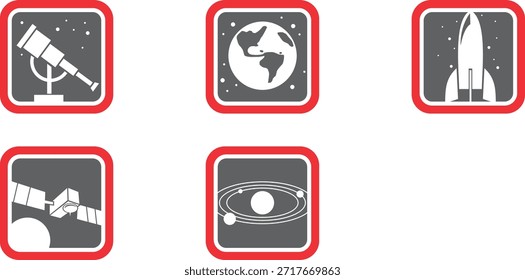 Conjunto de cinco iconos planos y estilizados en cuadrados rojos y grises que representan temas espaciales como un telescopio, la Tierra, un cohete, un satélite y órbitas del sistema solar para gráficos de educación científica.