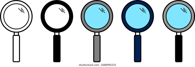 conjunto de cinco ícones de lente de aumento de design plano em vários estilos contorno, preto sólido, cinza, azul e preto-manipulado adequado para web, UI, aplicativos e impressão.