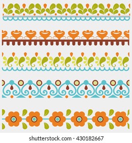 Set of five floral and geometric seamless colored borders (part of collection)