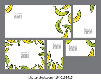 set of five forms with yellow and green bananas on a white background, 
three postcards and two business cards, vector