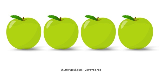 Set of Five fresh fresh green apples on isolated backgrund, and showing thair Each apple has a bright green leaf, adding a touch of freshness fruits vector