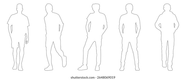 Ein Satz von fünf vollen männlichen Silhouetten in verschiedenen stehenden und gehenden Posen, einzeln auf weißem Hintergrund. Vektorgrafik.